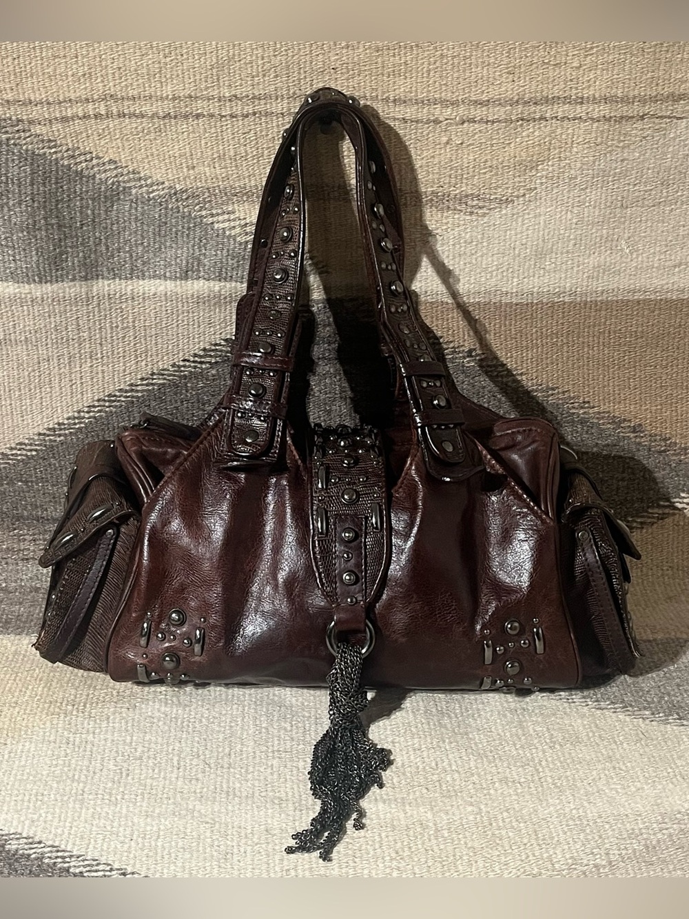 VTG Sabina New York Genuine Leather Studded Handbag Chain Detail Western Y2K